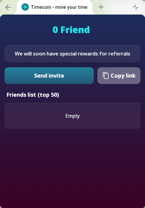 In the “friends” section, copy your TimeCoin referral link and send it to others