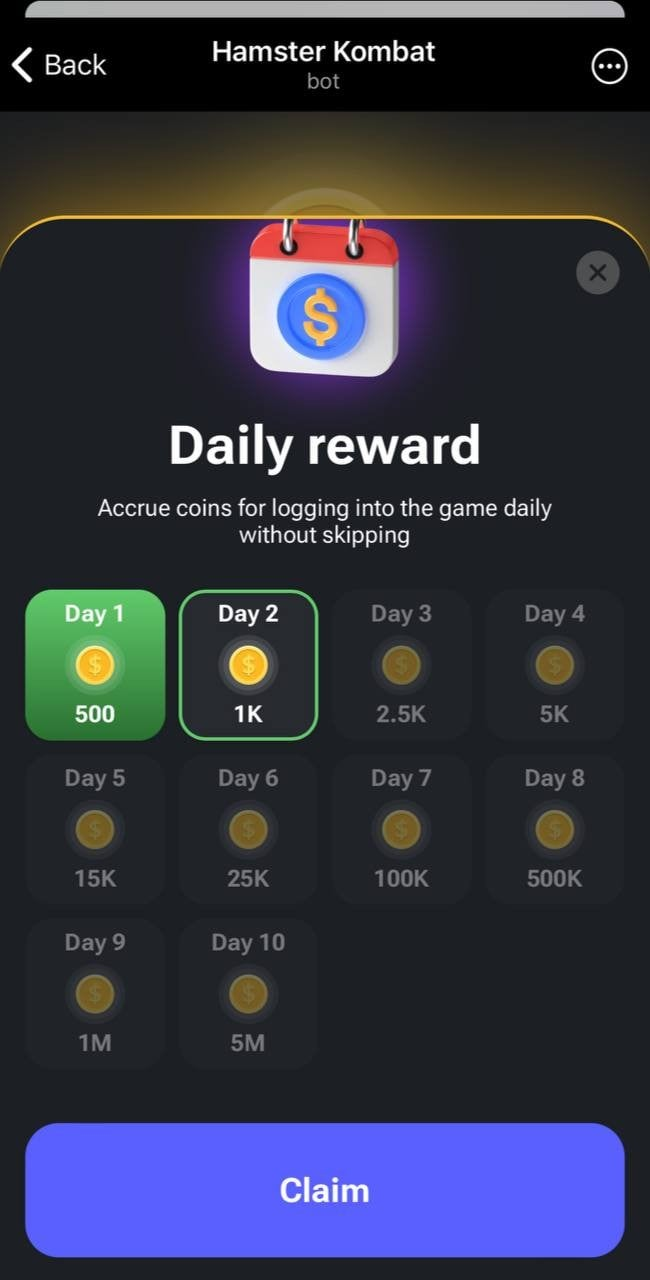 daily reward in Hamster Kombat