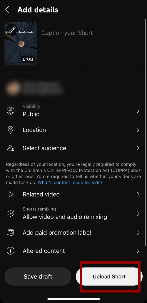 upload a YouTube short on Mobile-step7