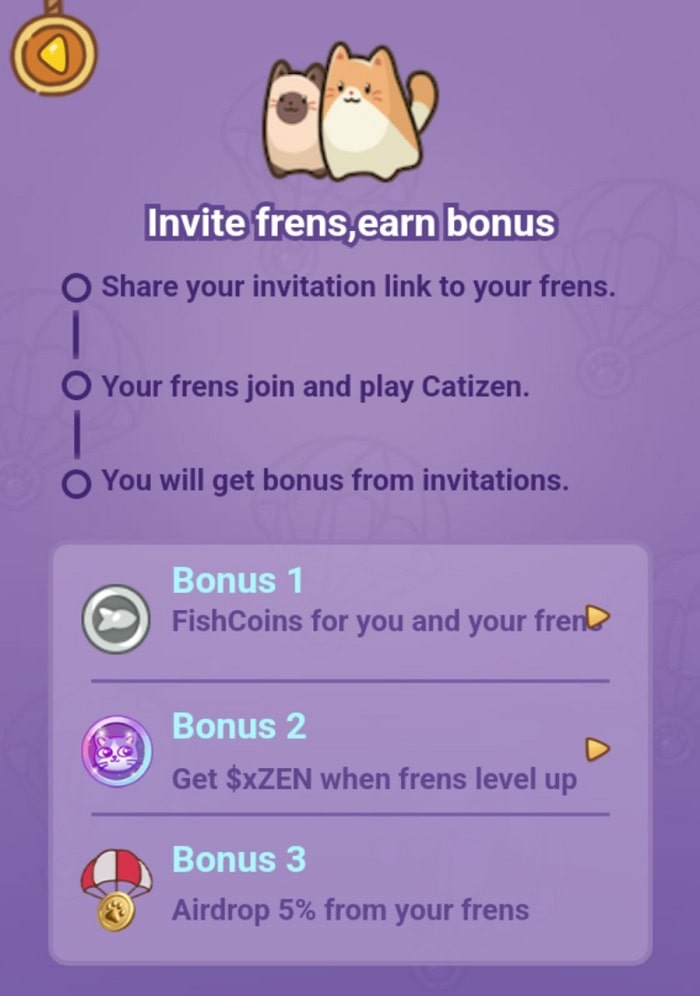 rewards for inviting friends to the game and buying Catizen Referrals