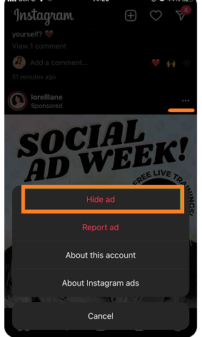 روش حذف تبلیغات اینستاگرام بوسیله Hide ad (درخواست برای مخفی کردن تبلیغات)