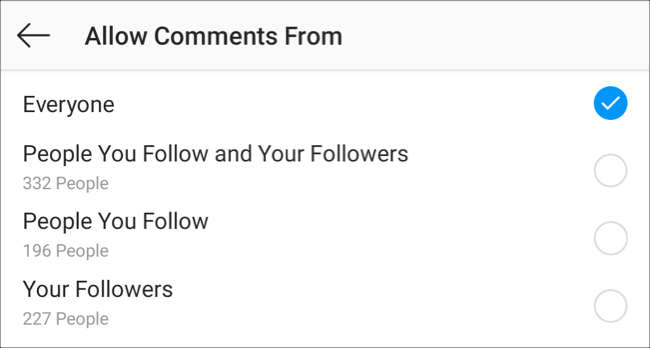 گزینه های Allow Comments From اینستاگرام